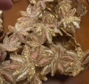 Trim Appliques Leaves Champagne Gold Mocha 1.25" Beads Sequins 18" pc 8 apps Fabric