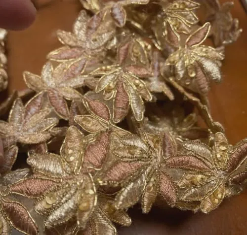 Trim Appliques Leaves Champagne Gold Mocha 1.25" Beads Sequins 18" pc 8 apps Fabric