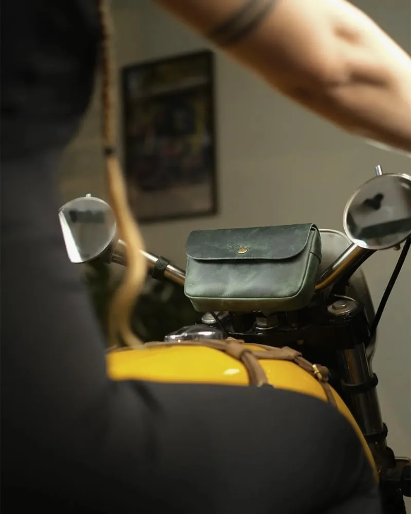 Trip Machine Company Genuine Leather Motorcycle Front Handlebar Leather Bag Moto Backrail Sidekick Pouch Shoulder Fanny Pack (Forest Green)