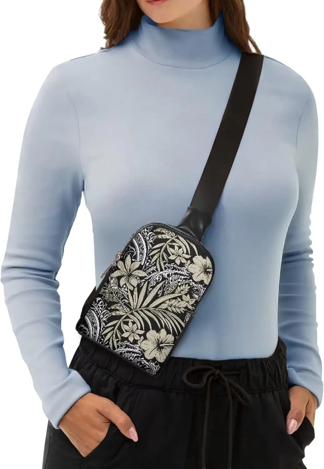 Tropical Ethnic Stripes Fanny Packs Belt Bag Sling Bag for Women, Tropic Palm Hibiscus Flowers Sling Bag PU Leather Shoulder Bag Fanny Pack Travel Essentials