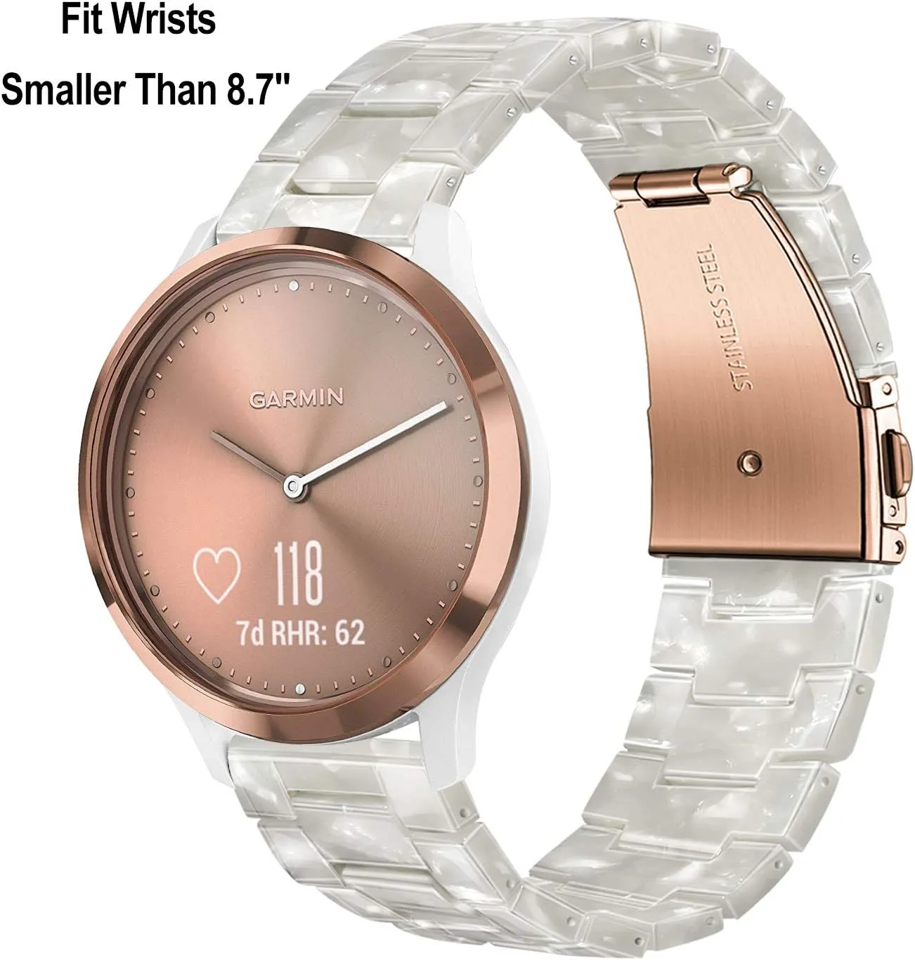 TRUMiRR for Vivomove HR/Vivoactive 6 5 3 Women Watchband, Pearl Resin Watch Band Rose Gold Stainless Steel Buckle Strap for Garmin Venu Sq 2 / Vivomove 3 Luxe Style Trend