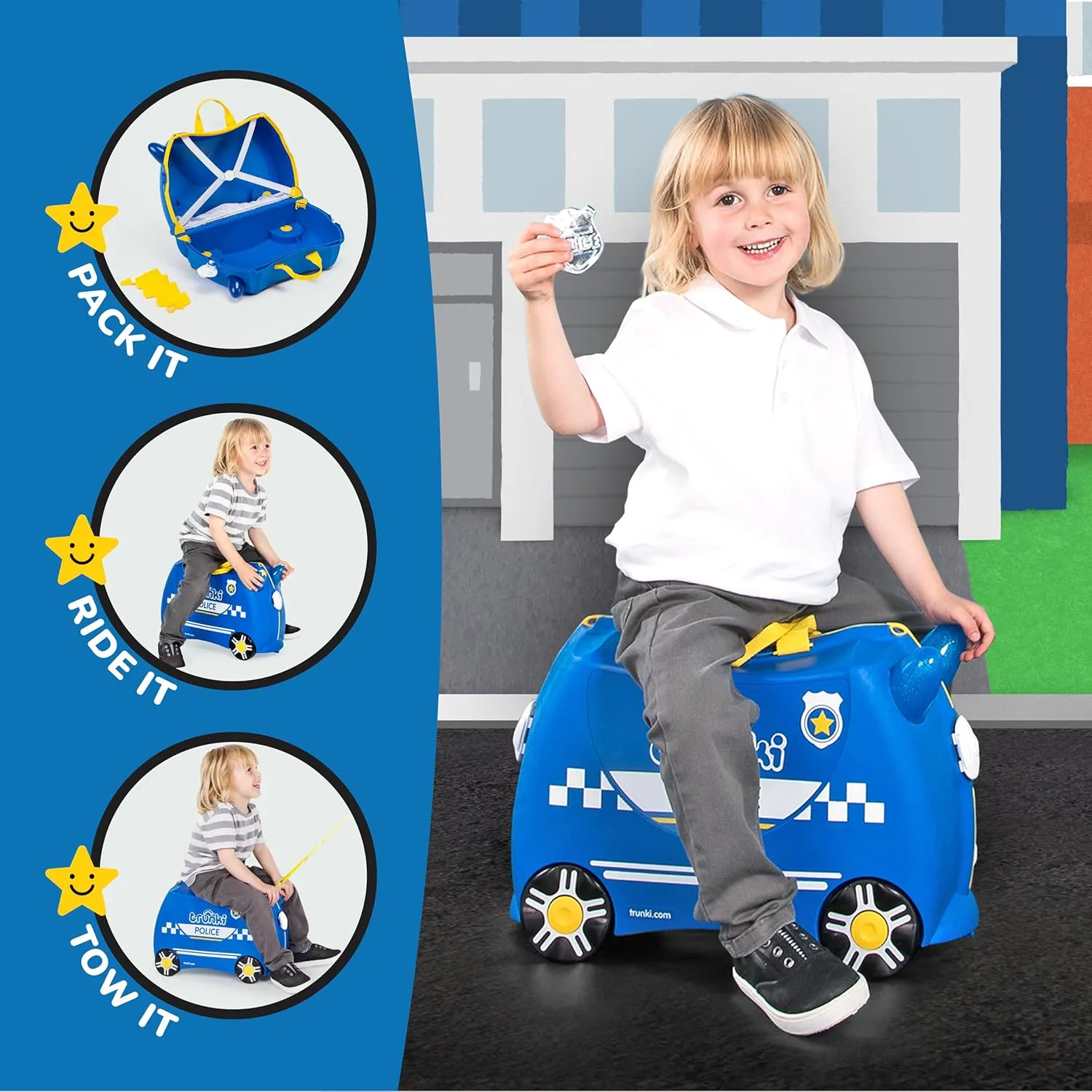 Trunki Ride-On Kids Suitcase | Tow-Along Toddler Luggage | Carry-On Cute Bag with Wheels | Airplane Travel Essentials: Percy Police Car Blue