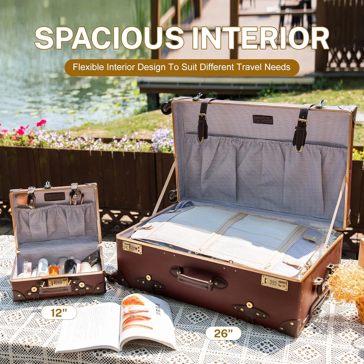 urecity Vintage Luggage Set of 2, Retro Suitcase Trunk with Wheels for Men and Women, Cute Designer Travel Luggage Set with Boarding Tote, Luggage Zipperless TSA Approved (20" 12", Caramel Brown)