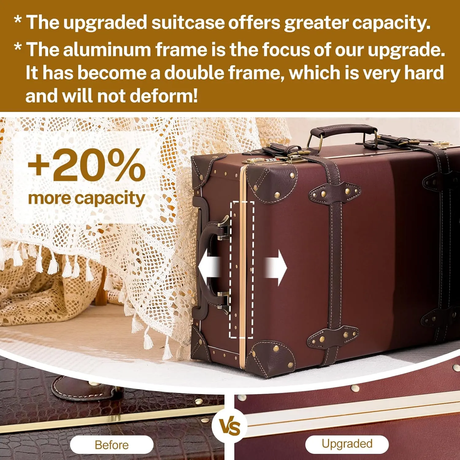 urecity Vintage Luggage Set of 2, Retro Suitcase Trunk with Wheels for Men and Women, Cute Designer Travel Luggage Set with Boarding Tote, Luggage Zipperless TSA Approved (20" 12", Caramel Brown)