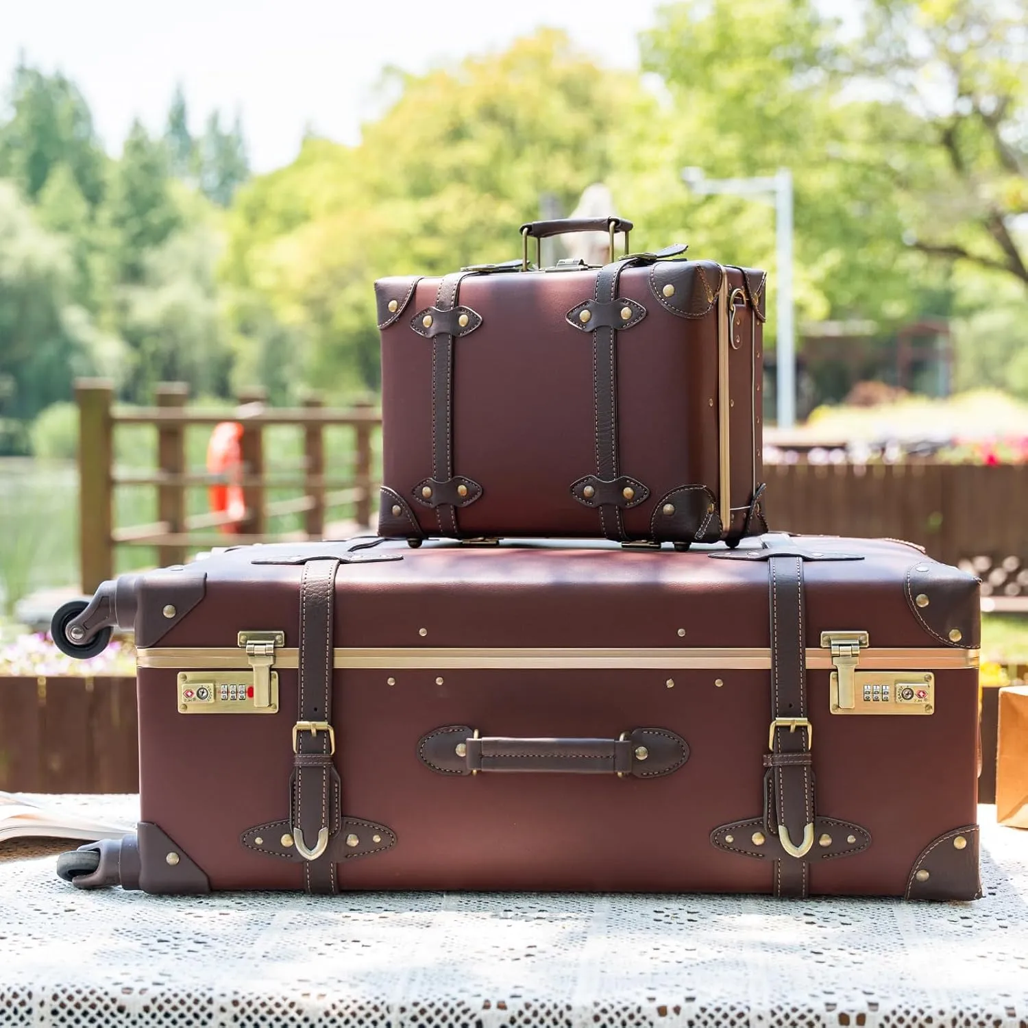 urecity Vintage Luggage Set of 2, Retro Suitcase Trunk with Wheels for Men and Women, Cute Designer Travel Luggage Set with Boarding Tote, Luggage Zipperless TSA Approved (20" 12", Caramel Brown)