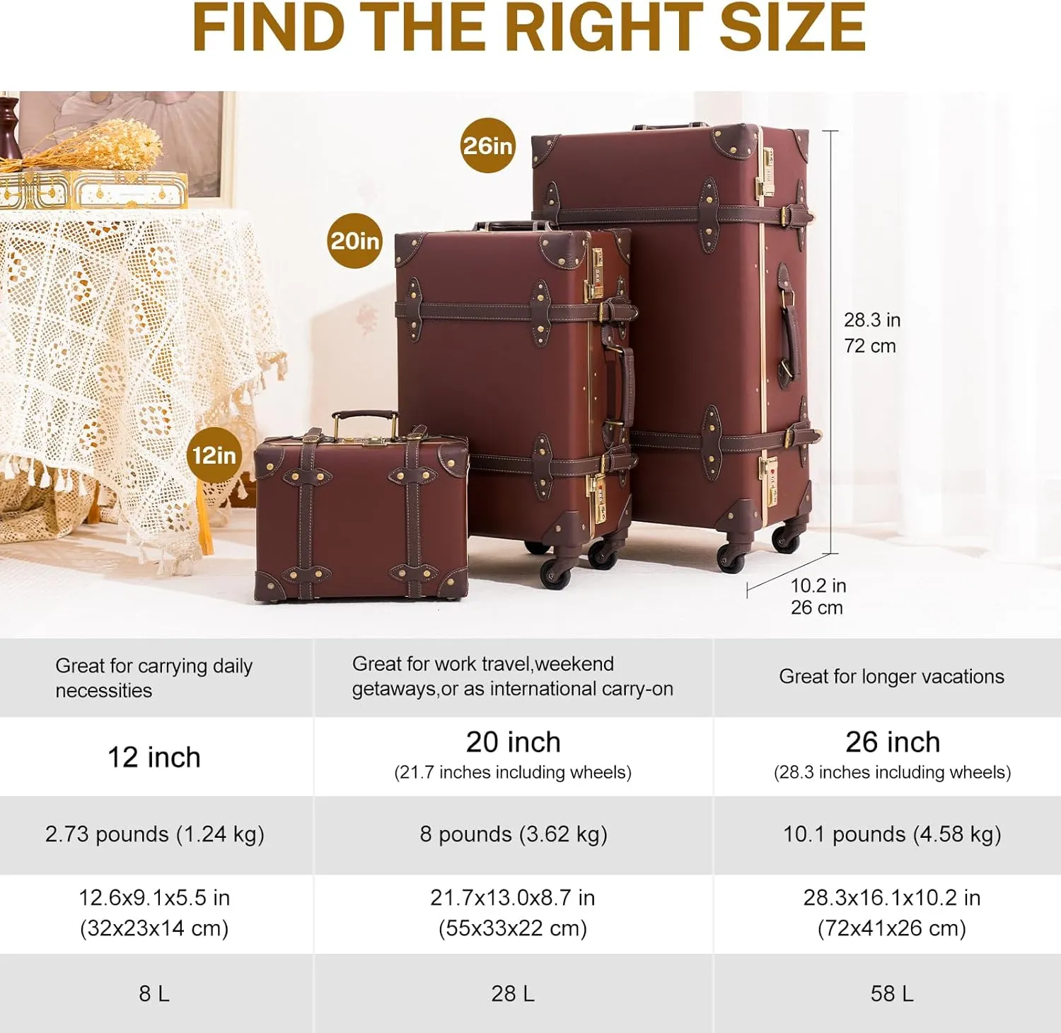urecity Vintage Luggage Set of 2, Retro Suitcase Trunk with Wheels for Men and Women, Cute Designer Travel Luggage Set with Boarding Tote, Luggage Zipperless TSA Approved (26" 12", Caramel Brown)