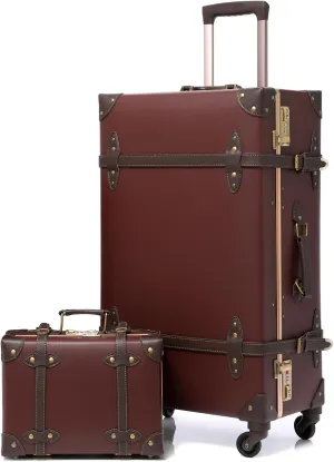 urecity Vintage Luggage Set of 2, Retro Suitcase Trunk with Wheels for Men and Women, Cute Designer Travel Luggage Set with Boarding Tote, Luggage Zipperless TSA Approved (26" 12", Caramel Brown)