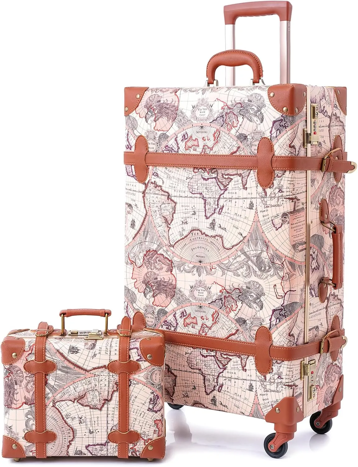urecity Vintage Luggage Set of 2, Retro Suitcase Trunk with Wheels for Men and Women, Cute Designer Travel Luggage Set with Boarding Tote, Luggage Zipperless TSA Approved