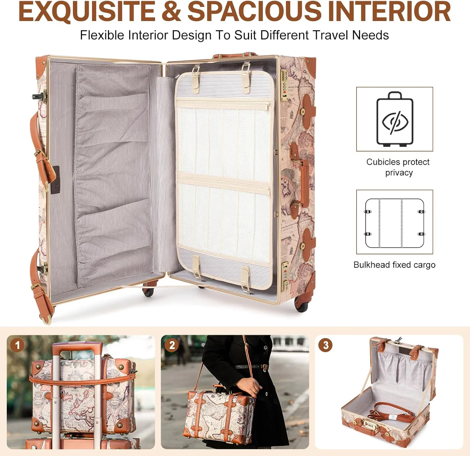urecity Vintage Luggage Set of 2, Retro Suitcase Trunk with Wheels for Men and Women, Cute Designer Travel Luggage Set with Boarding Tote, Luggage Zipperless TSA Approved