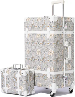urecity Vintage Luggage Set of 2, Retro Suitcase Trunk with Wheels for Men and Women, Cute Designer Travel Luggage Set with Boarding Tote, Luggage Zipperless TSA Approved