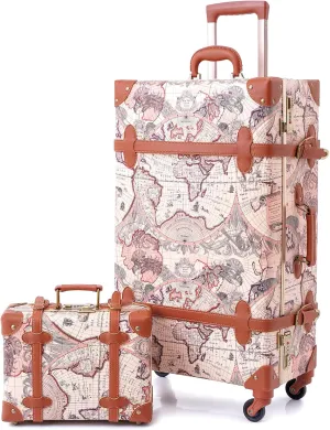 urecity Vintage Luggage Set of 2, Retro Suitcase Trunk with Wheels for Men and Women, Cute Designer Travel Luggage Set with Boarding Tote, Luggage Zipperless TSA Approved