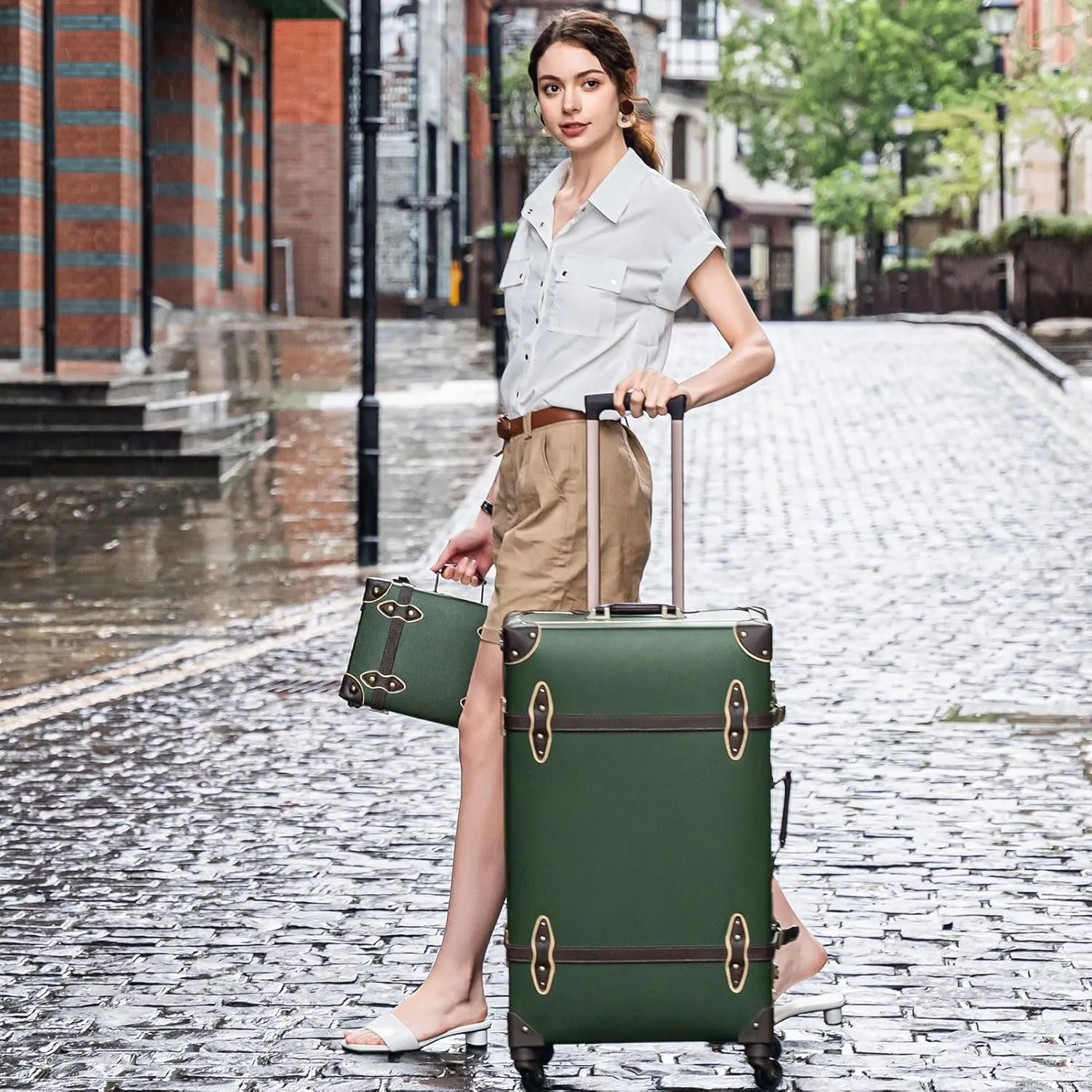urecity Vintage Suitcase Set for Women, Vintage Luggage Sets for Women 2 Piece, Cute Designer Trunk Luggage, Retro Suit Case, Luggage Zipperless TSA Approved, Army Green, 20" 12"
