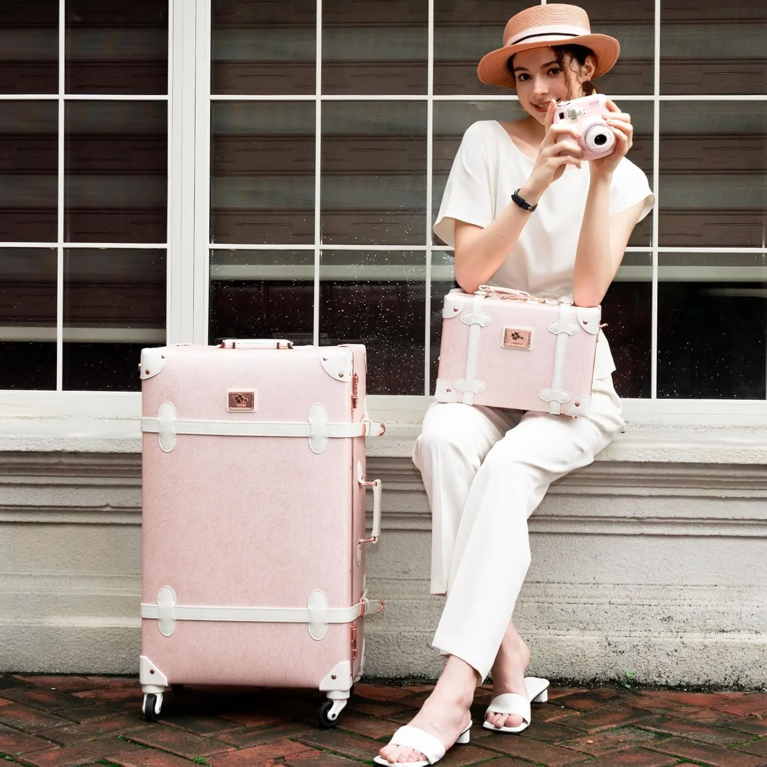 urecity Vintage Suitcase Set for Women, Vintage Luggage Sets for Women 2 Piece, Cute Designer Trunk Luggage, Retro Suit Case, Luggage Zipperless TSA Approved, Elegant Pink, 20" 12"