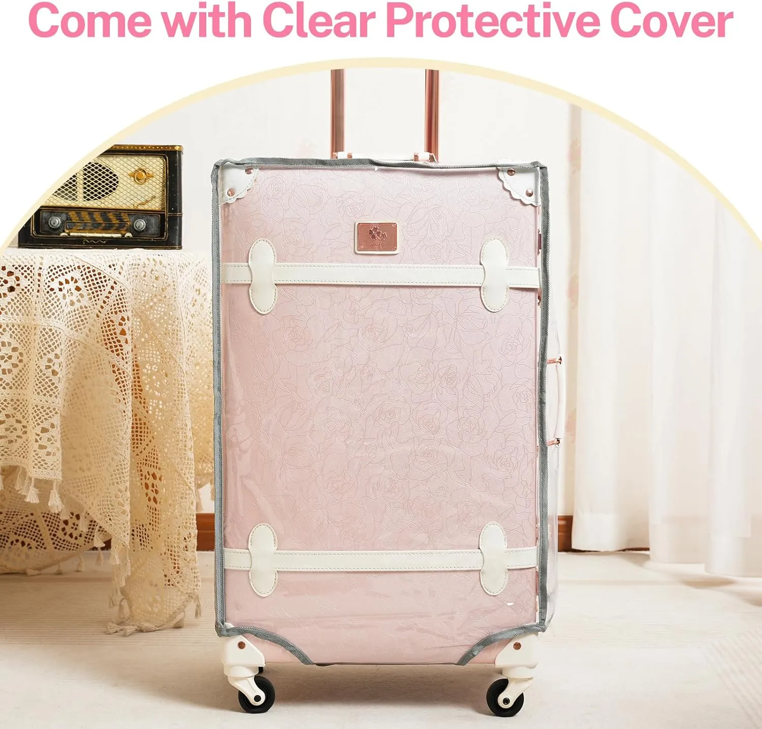 urecity Vintage Suitcase Set for Women, Vintage Luggage Sets for Women 2 Piece, Cute Designer Trunk Luggage, Retro Suit Case, Luggage Zipperless TSA Approved, Elegant Pink, 20" 12"