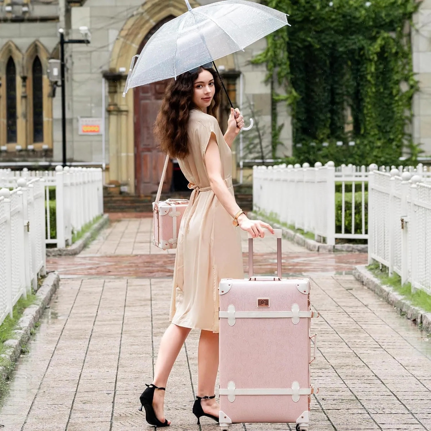 urecity Vintage Suitcase Set for Women, Vintage Luggage Sets for Women 2 Piece, Cute Designer Trunk Luggage, Retro Suit Case, Luggage Zipperless TSA Approved, Elegant Pink, 20" 12"