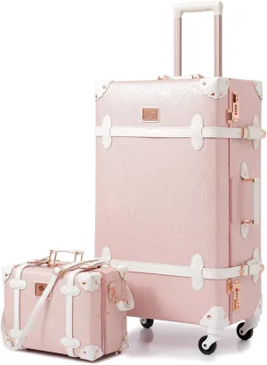 urecity Vintage Suitcase Set for Women, Vintage Luggage Sets for Women 2 Piece, Cute Designer Trunk Luggage, Retro Suit Case, Luggage Zipperless TSA Approved, Elegant Pink, 20" 12"