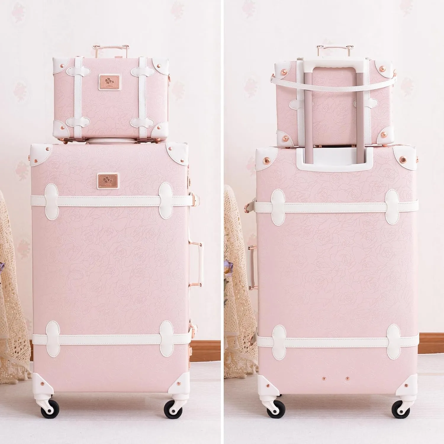 urecity Vintage Suitcase Set for Women, Vintage Luggage Sets for Women 2 Piece, Cute Designer Trunk Luggage, Retro Suit Case, Luggage Zipperless TSA Approved, Elegant Pink, 20" 12"