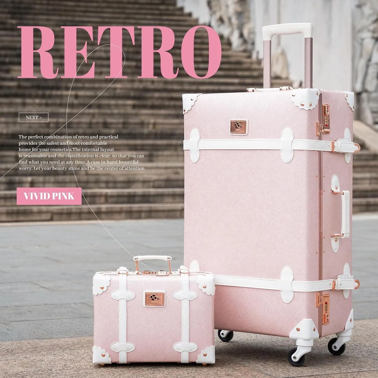urecity Vintage Suitcase Set for Women, Vintage Luggage Sets for Women 2 Piece, Cute Designer Trunk Luggage, Retro Suit Case, Luggage Zipperless TSA Approved, Elegant Pink, 26" 12"