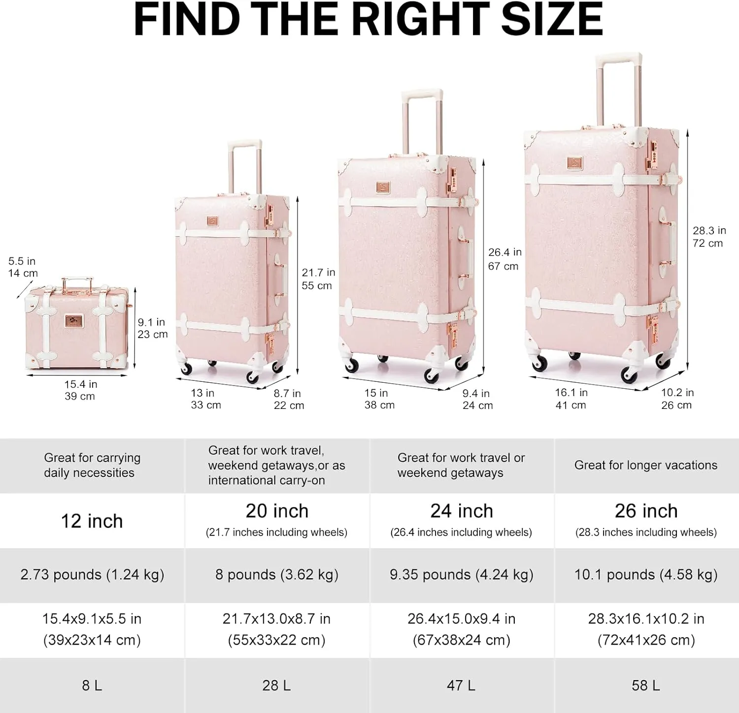 urecity Vintage Suitcase Set for Women, Vintage Luggage Sets for Women 2 Piece, Cute Designer Trunk Luggage, Retro Suit Case, Luggage Zipperless TSA Approved, Elegant Pink, 26" 12"