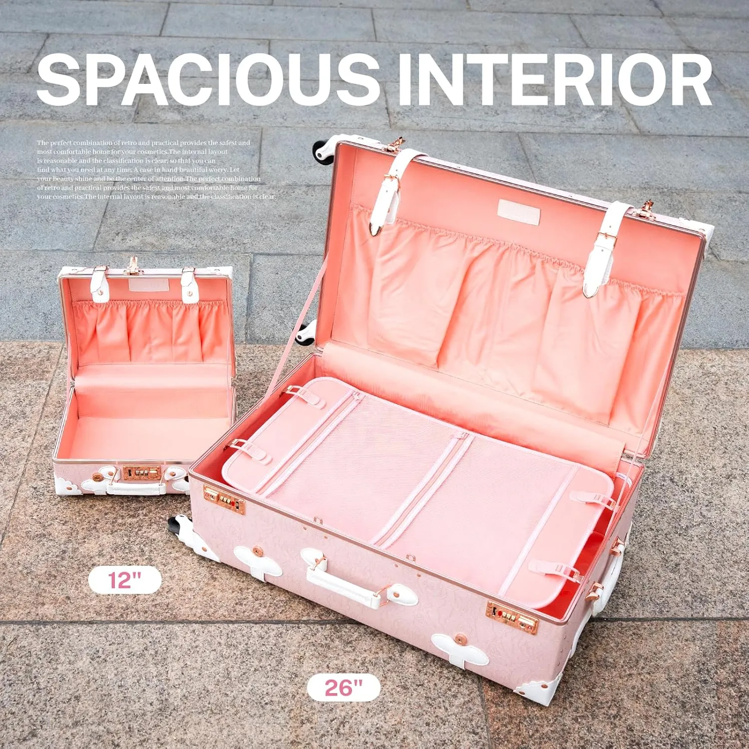 urecity Vintage Suitcase Set for Women, Vintage Luggage Sets for Women 2 Piece, Cute Designer Trunk Luggage, Retro Suit Case, Luggage Zipperless TSA Approved, Elegant Pink, 26" 12"