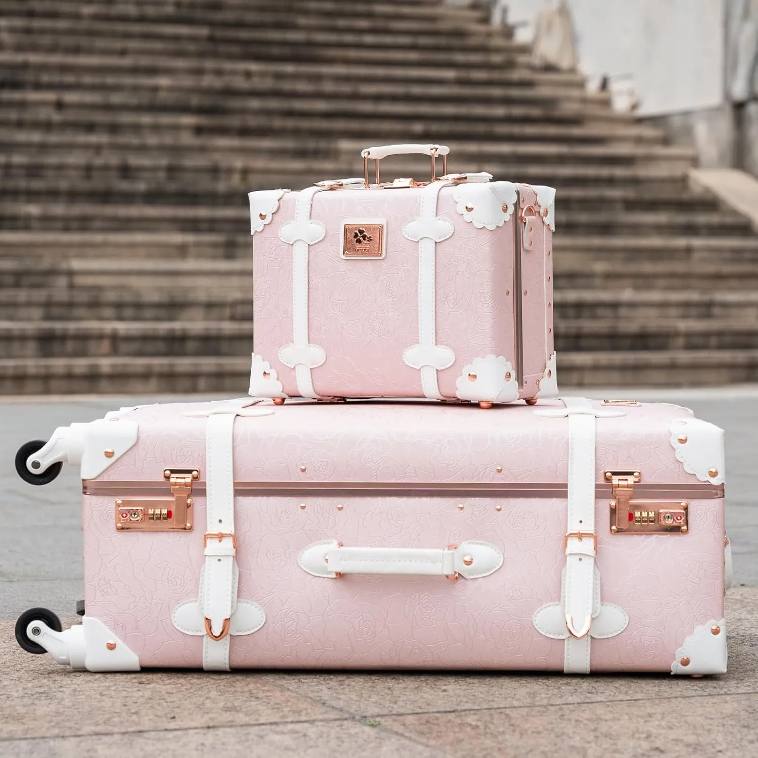 urecity Vintage Suitcase Set for Women, Vintage Luggage Sets for Women 2 Piece, Cute Designer Trunk Luggage, Retro Suit Case, Luggage Zipperless TSA Approved, Elegant Pink, 26" 12"