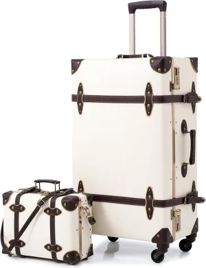 urecity Vintage Suitcase Set for Women, Vintage Luggage Sets for Women 2 Piece, Cute Designer Trunk Luggage, Retro Suit Case, Luggage Zipperless TSA Approved, Holy White, 20" 12"