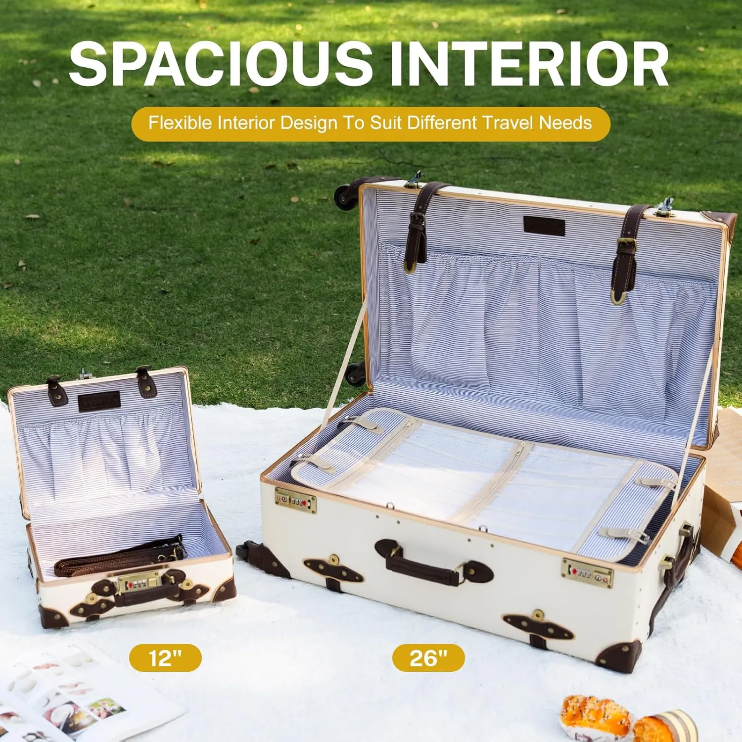 urecity Vintage Suitcase Set for Women, Vintage Luggage Sets for Women 2 Piece, Cute Designer Trunk Luggage, Retro Suit Case, Luggage Zipperless TSA Approved, Holy White, 20" 12"