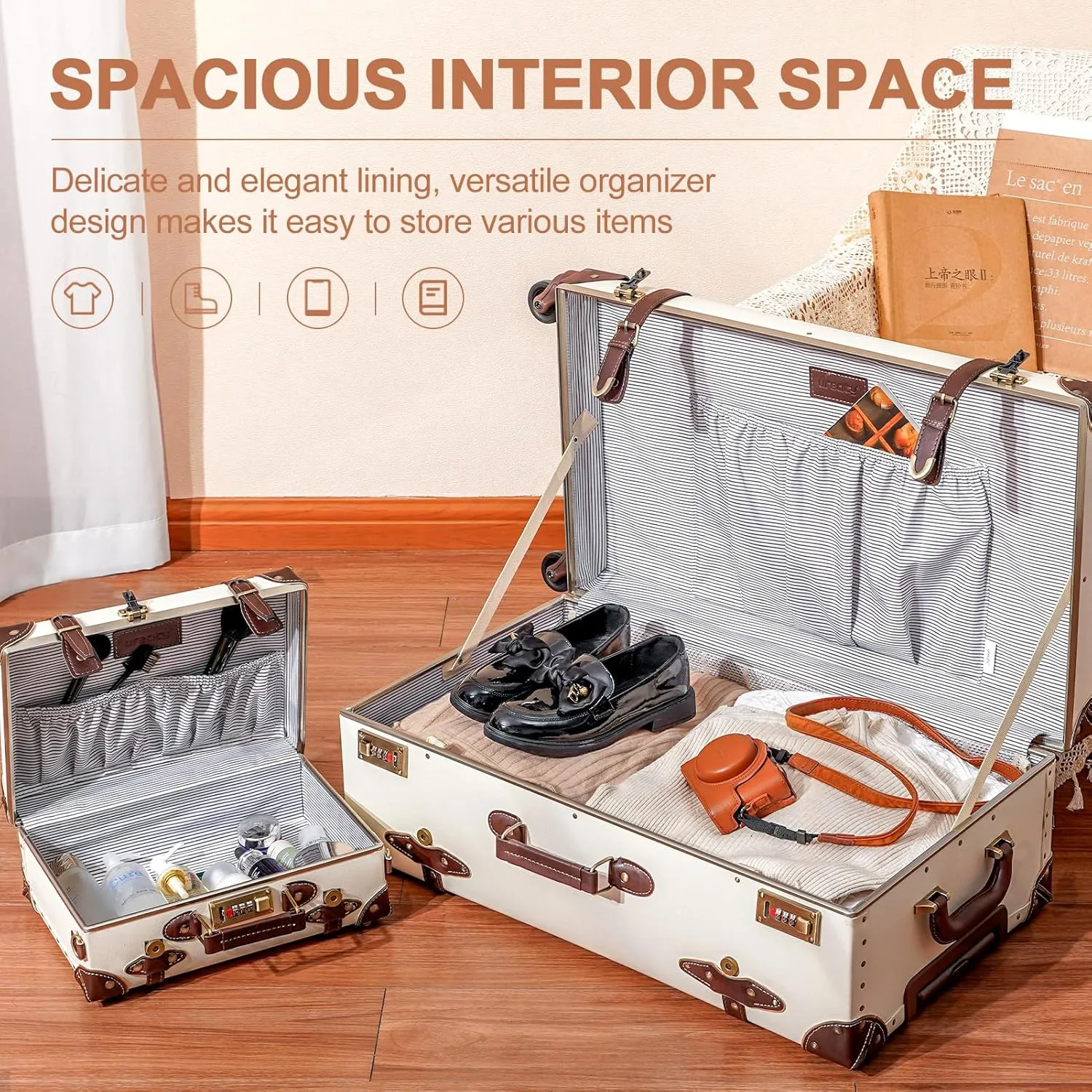 urecity Vintage Suitcase Set for Women, Vintage Luggage Sets for Women 2 Piece, Cute Designer Trunk Luggage, Retro Suit Case, Luggage Zipperless TSA Approved, Holy White, 20" 12"