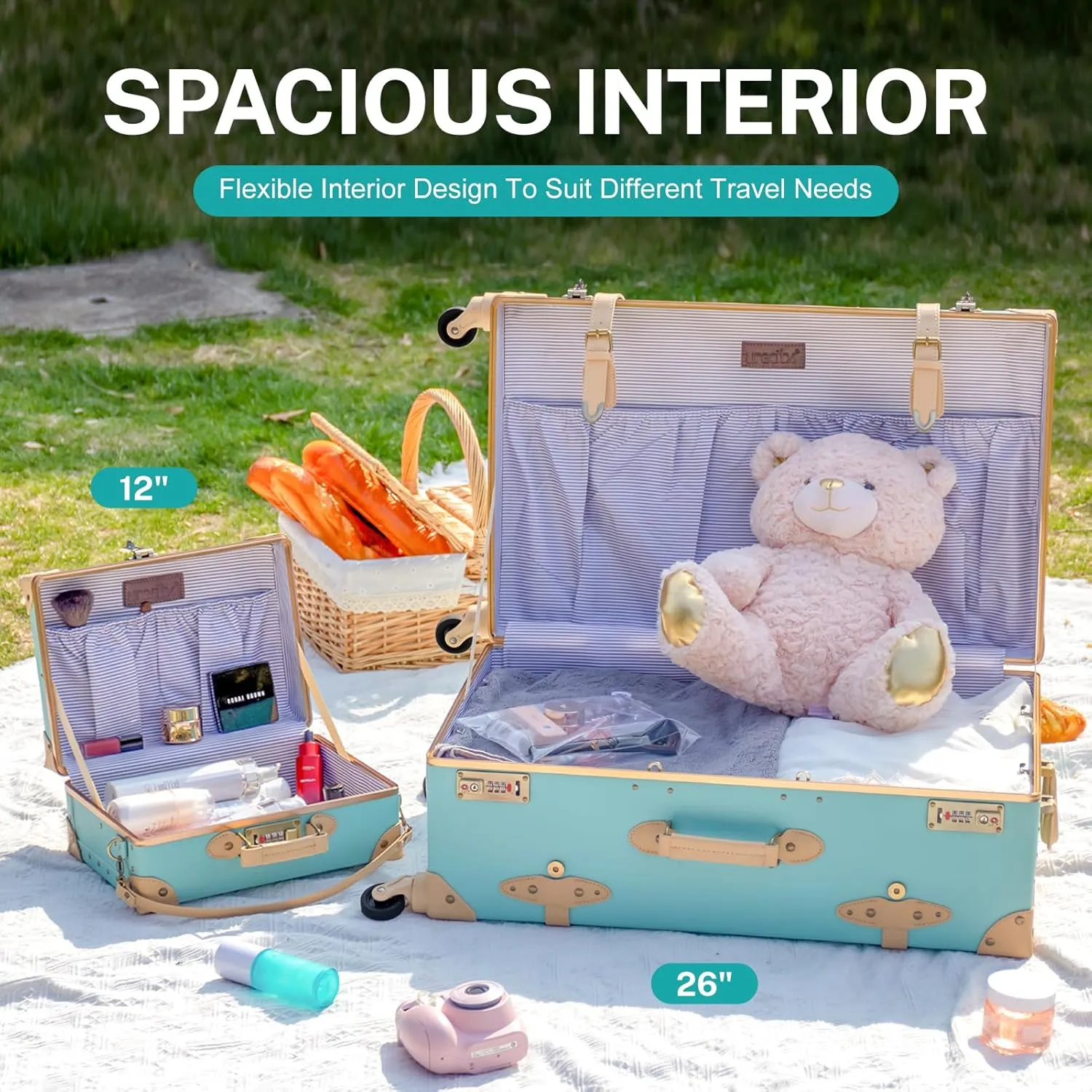 urecity Vintage Suitcase Set for Women, Vintage Luggage Sets for Women 2 Piece, Cute Designer Trunk Luggage, Retro Suit Case, Luggage Zipperless TSA Approved, Mint, 20" 12"
