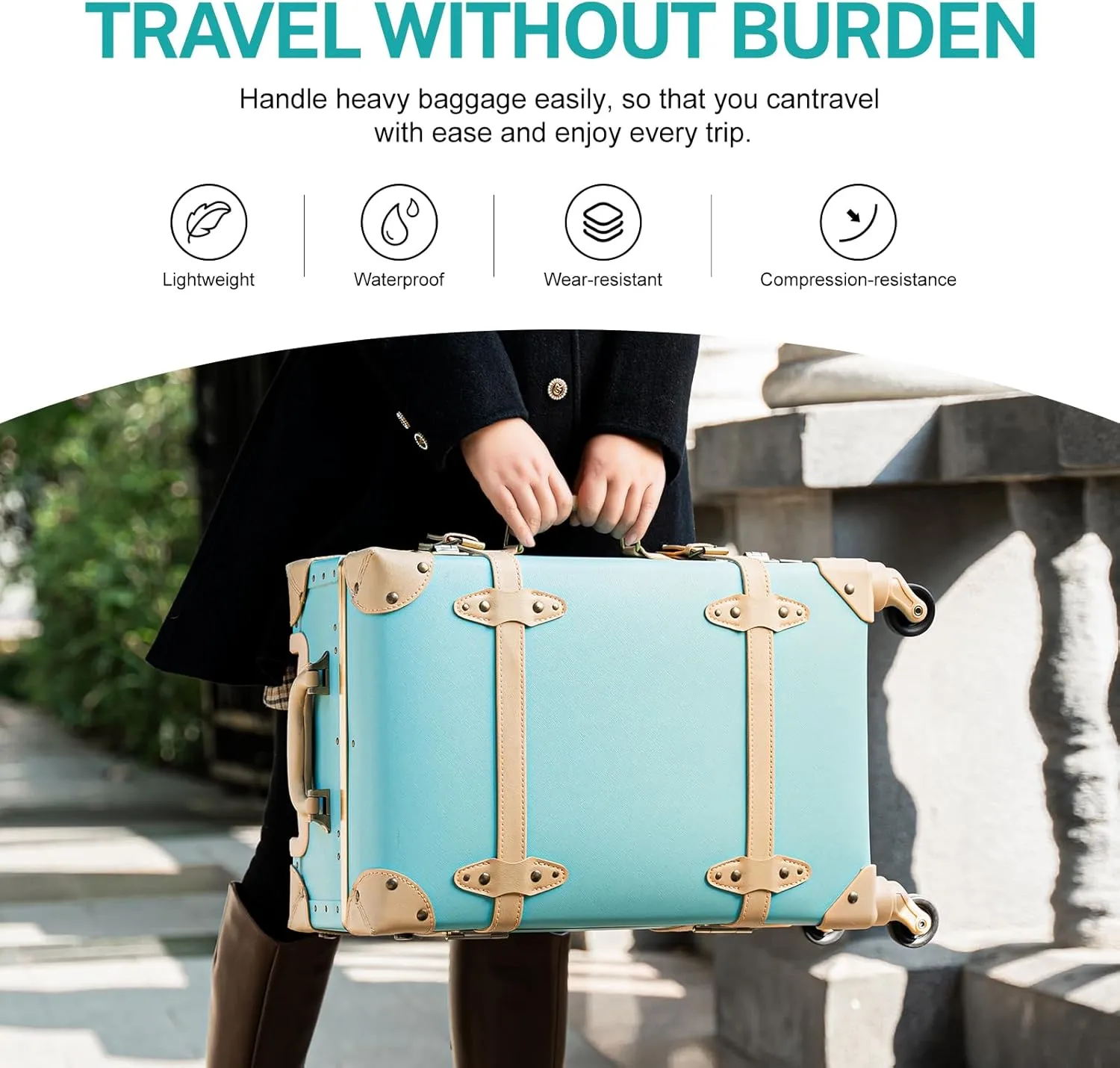 urecity Vintage Suitcase Set for Women, Vintage Luggage Sets for Women 2 Piece, Cute Designer Trunk Luggage, Retro Suit Case, Luggage Zipperless TSA Approved, Mint, 20" 12"