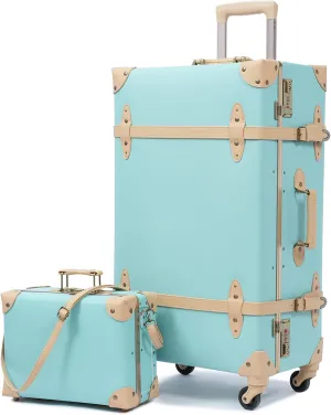 urecity Vintage Suitcase Set for Women, Vintage Luggage Sets for Women 2 Piece, Cute Designer Trunk Luggage, Retro Suit Case, Luggage Zipperless TSA Approved, Mint, 20" 12"