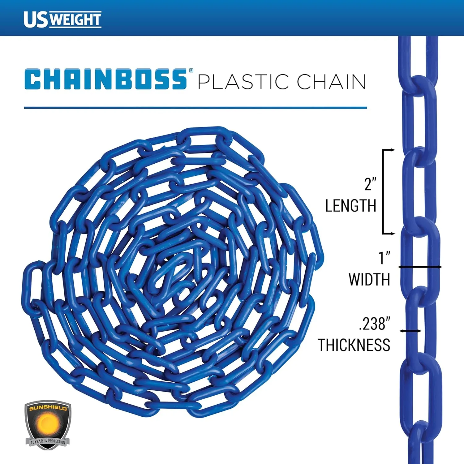 US Weight (Made in USA) 2" x 100' Blue Plastic Safety Chain ft. SunShield UV Resistant Technology