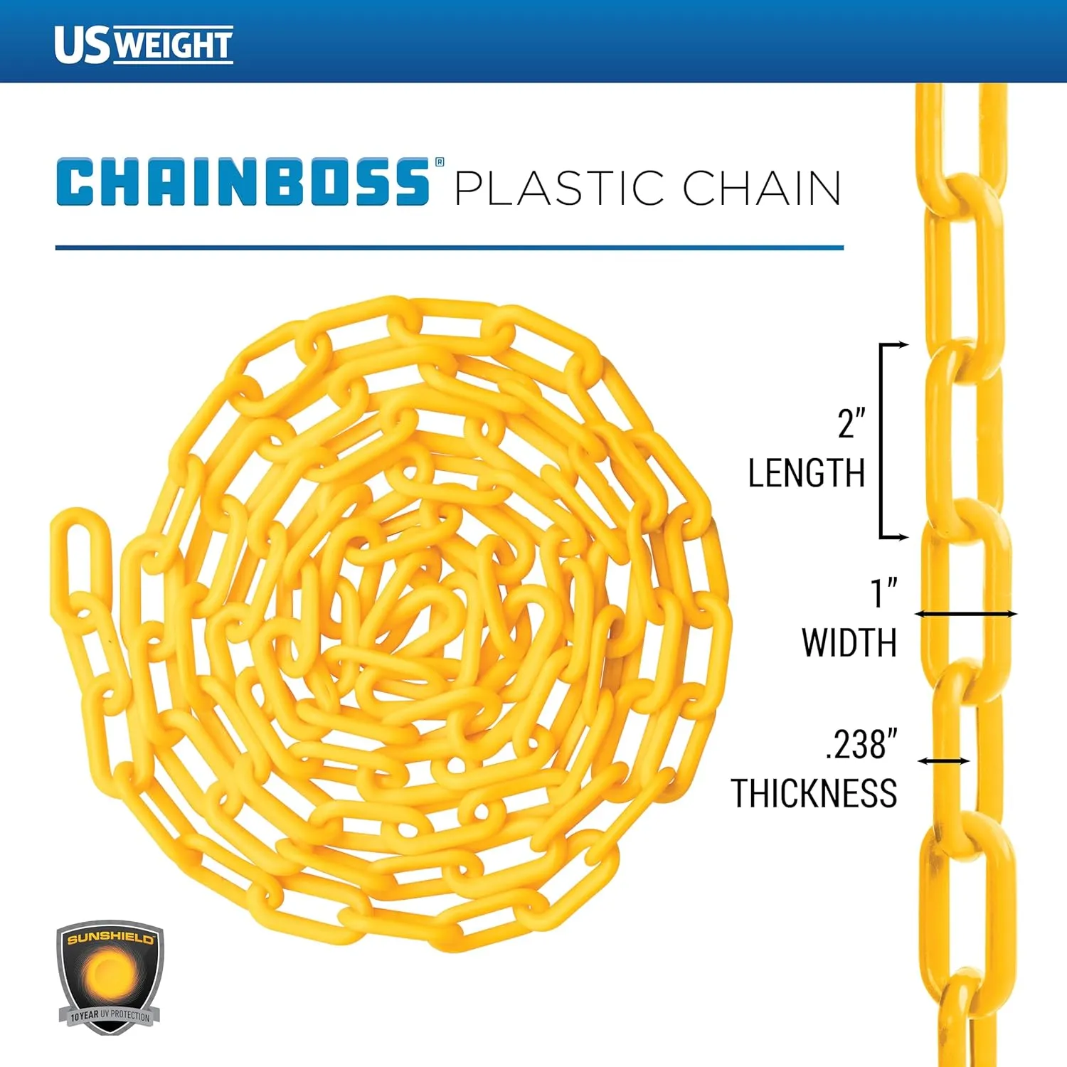 US Weight (Made in USA) 2" x 100' Yellow Plastic Safety Chain ft. SunShield UV Resistant Technology
