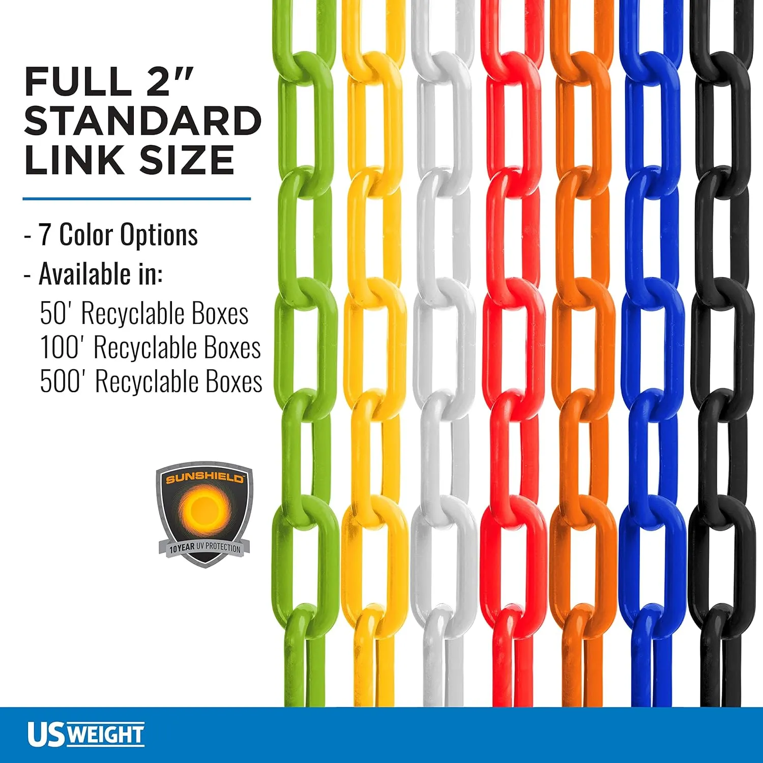 US Weight (Made in USA) 2" x 100' Yellow Plastic Safety Chain ft. SunShield UV Resistant Technology