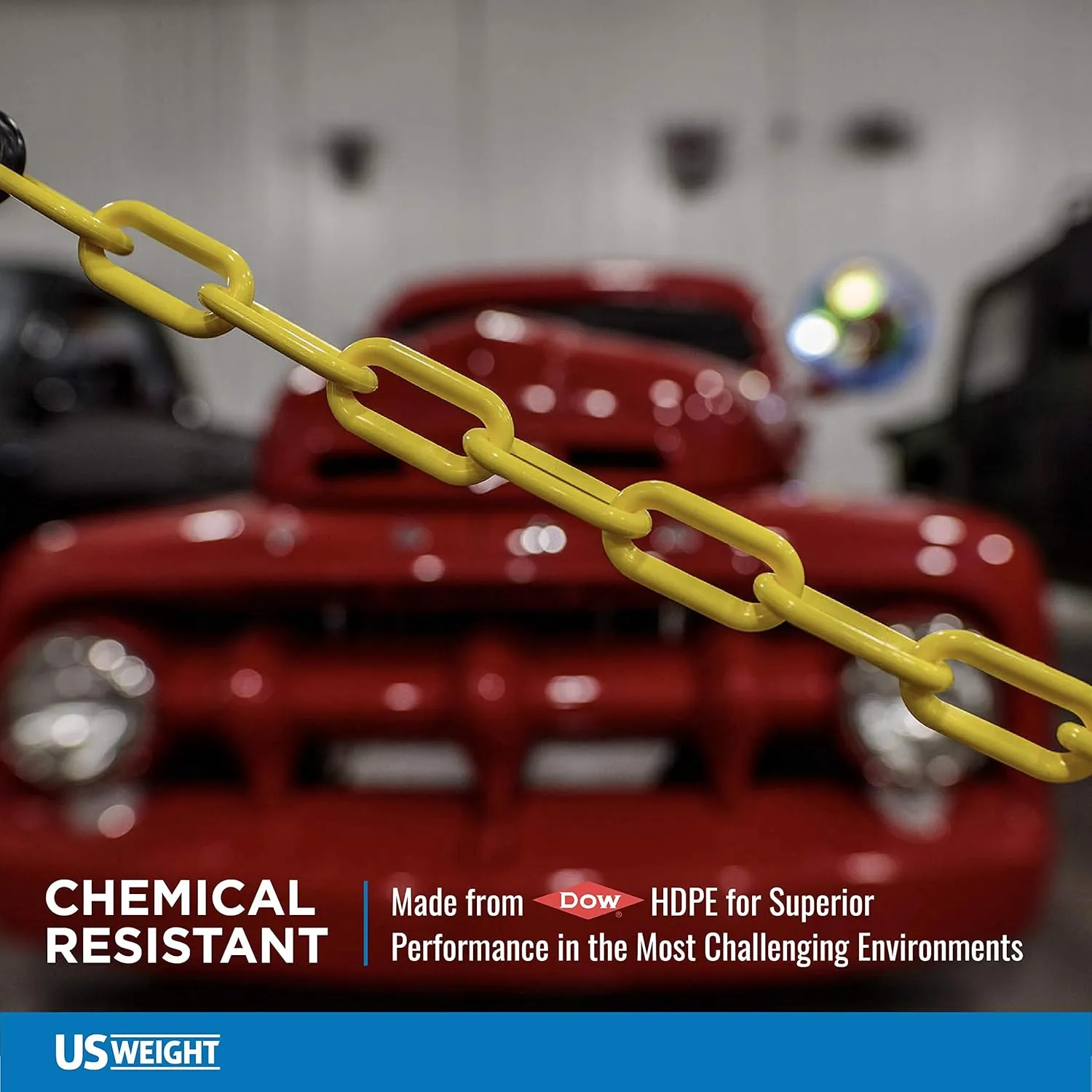 US Weight (Made in USA) 2" x 100' Yellow Plastic Safety Chain ft. SunShield UV Resistant Technology