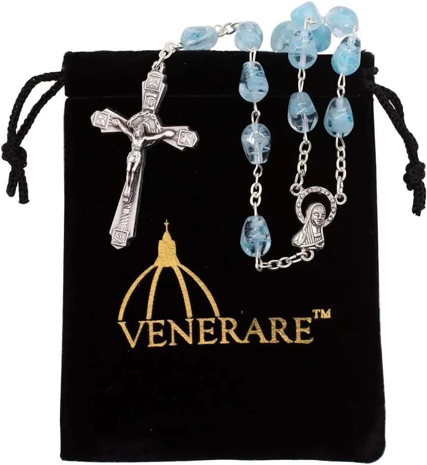 Venerare Glass and Metal Rosary with Large Hail Mary Beads | Silver-Tone Crucifix | Comfortable to Hold | Great Catholic Gift for First Holy Communion and Confirmation | Made in Italy