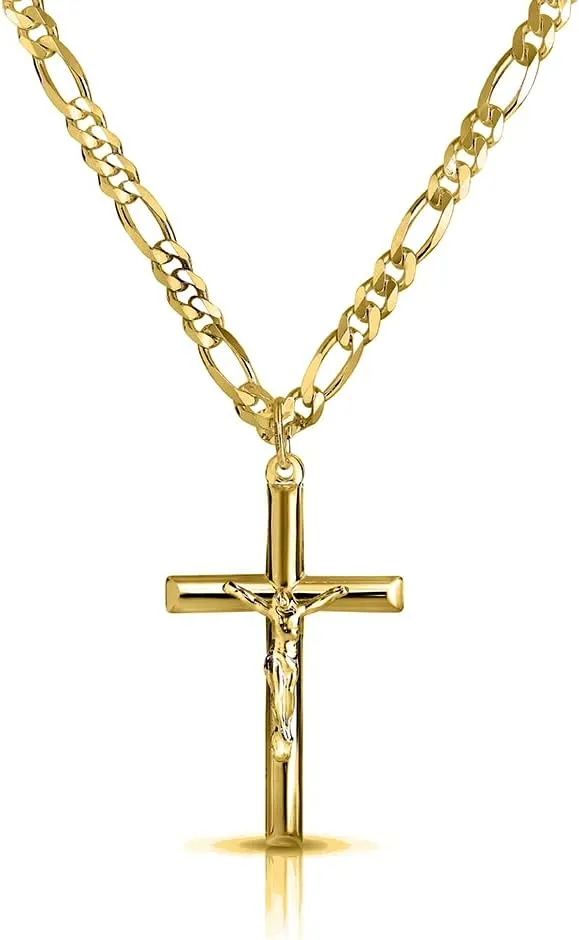 Verona Jewelers Men and Women 24" Stainless Steel 3.8MM Figaro Chain Necklace Crucifix Cross Pendant (Silver Color)