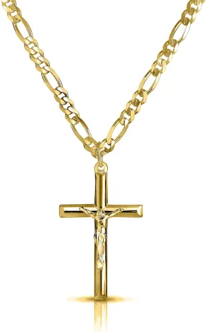 Verona Jewelers Men and Women 24" Stainless Steel 3.8MM Figaro Chain Necklace Crucifix Cross Pendant (Silver Color)