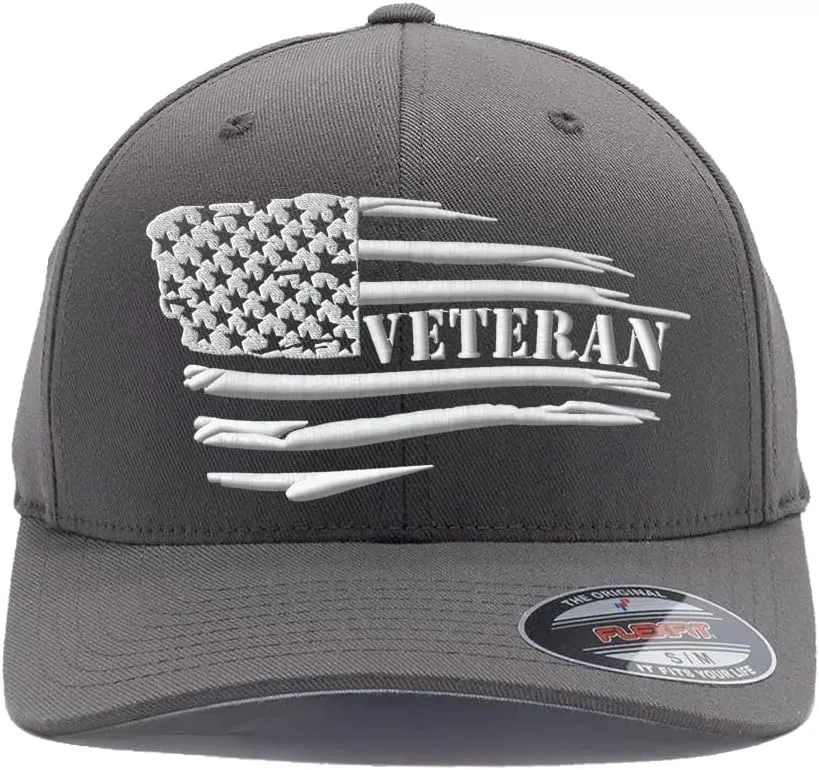 Veteran American Flag Embroidered Flex Fitted Baseball Hat. Custom Embroidered Baseball Cap