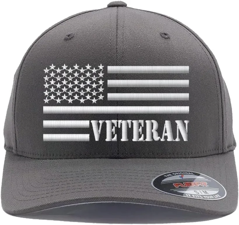Veteran American Flag Embroidered Flex Fitted Baseball Hat. Custom Embroidered Baseball Cap