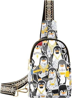 VIGTRO Fanny Pack Penguin Mafia Gang Pattern Front Chest Bag Leather Waterproof, Funny Cartoon Women Sling Bag for Travel Hiking Cycling