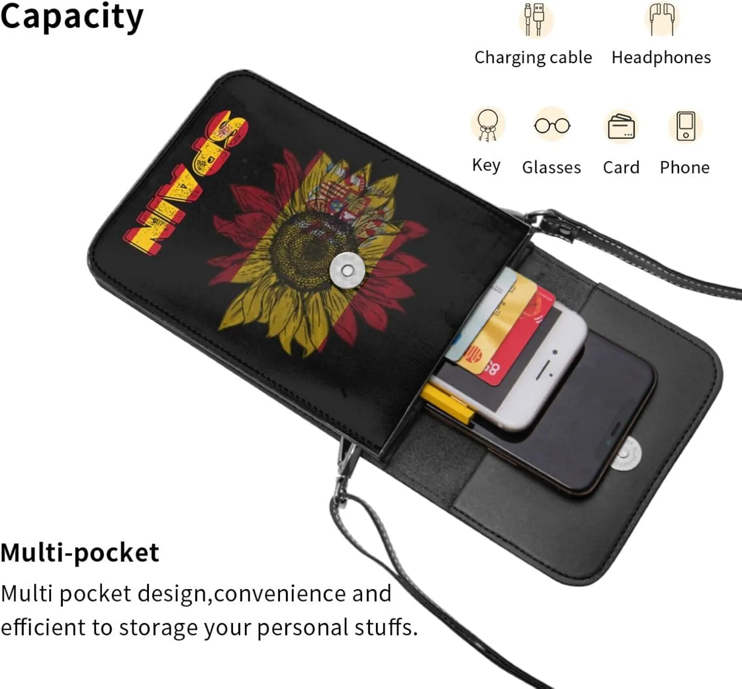 Vintage Spain Spanish Espana Espanol Flag Sunflower Small Crossbody Purse Cell Phone Bag for Women