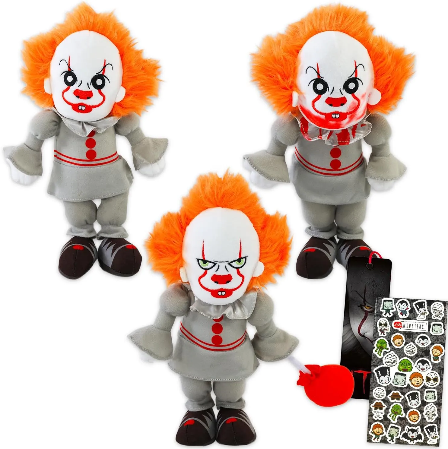 WARNER BROS PICTURES IT Pennywise Plush Toy Set - 3 Pack Bundle with 10" Pennywise Talking Plushies for Men, Women, Teens Plus Stickers, Bookmark | Horror Movie IT Dolls Plush Pack