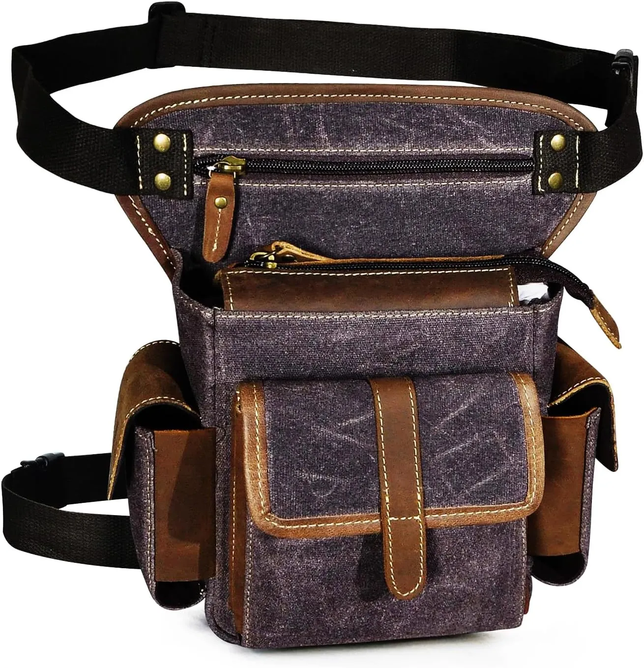 Water Resistant Canvas   Leather Motorcycle Travel Fanny Waist Pack Drop Thigh Leg Bag Pouch For Men Women FB913-5