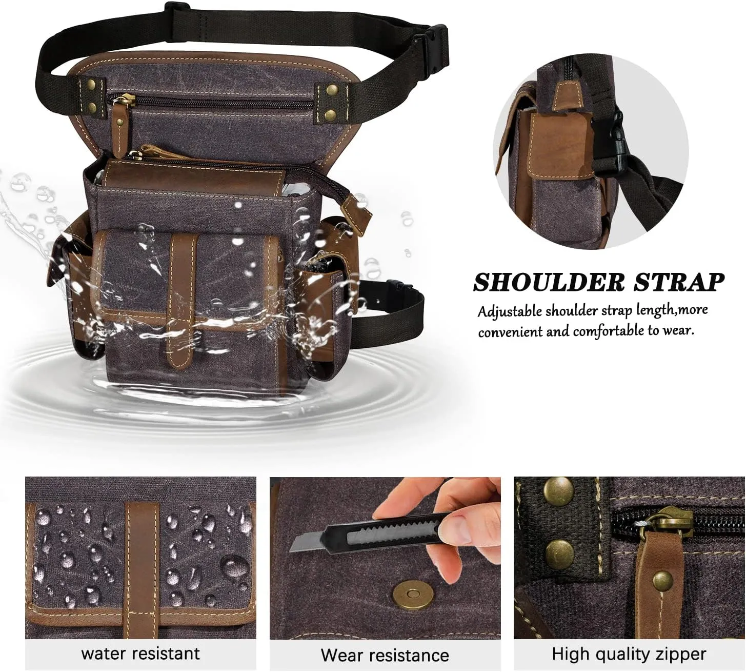 Water Resistant Canvas   Leather Motorcycle Travel Fanny Waist Pack Drop Thigh Leg Bag Pouch For Men Women FB913-5