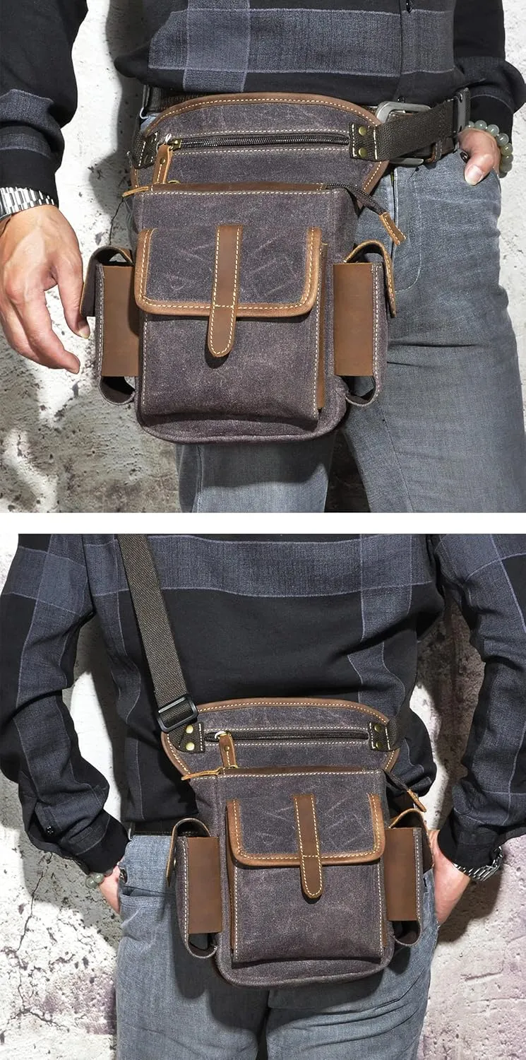 Water Resistant Canvas   Leather Motorcycle Travel Fanny Waist Pack Drop Thigh Leg Bag Pouch For Men Women FB913-5