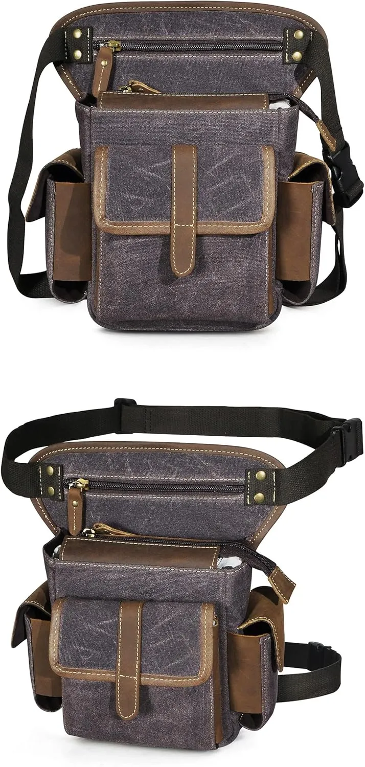 Water Resistant Canvas   Leather Motorcycle Travel Fanny Waist Pack Drop Thigh Leg Bag Pouch For Men Women FB913-5
