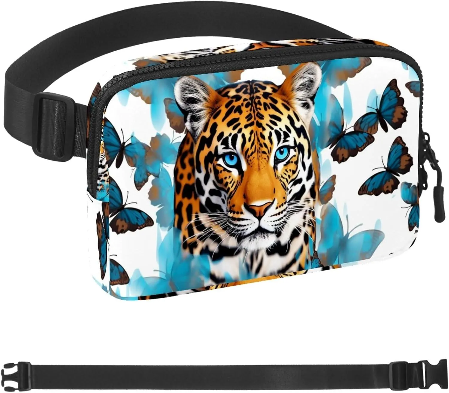 Waterproof Fanny Pack Black Belt Bag with Adjustable Strap for Women and Men,Blue Butterfly Leopard Crossbody Fanny Bag with Zipper for Hiking Running Travel