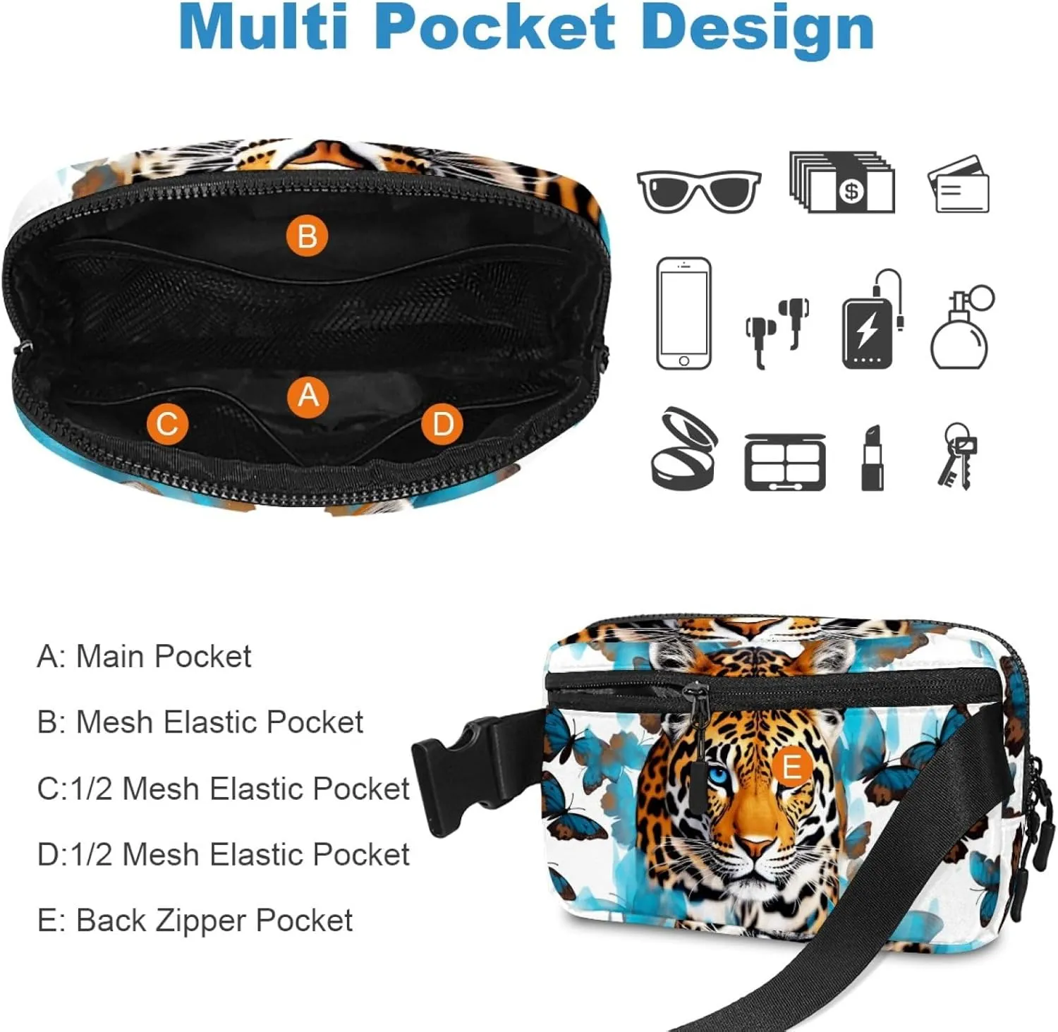 Waterproof Fanny Pack Black Belt Bag with Adjustable Strap for Women and Men,Blue Butterfly Leopard Crossbody Fanny Bag with Zipper for Hiking Running Travel
