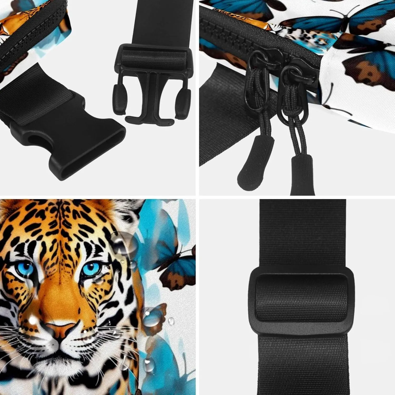 Waterproof Fanny Pack Black Belt Bag with Adjustable Strap for Women and Men,Blue Butterfly Leopard Crossbody Fanny Bag with Zipper for Hiking Running Travel